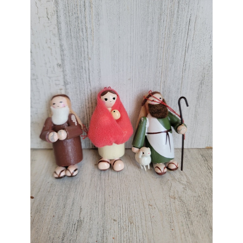 Vintage Mary Joseph nativity seeing Shepherd wooden ornament Xmas set religious